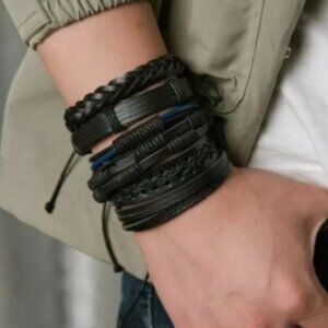 Men's Genuine Leather Black & Blue Braid Bracelet Set